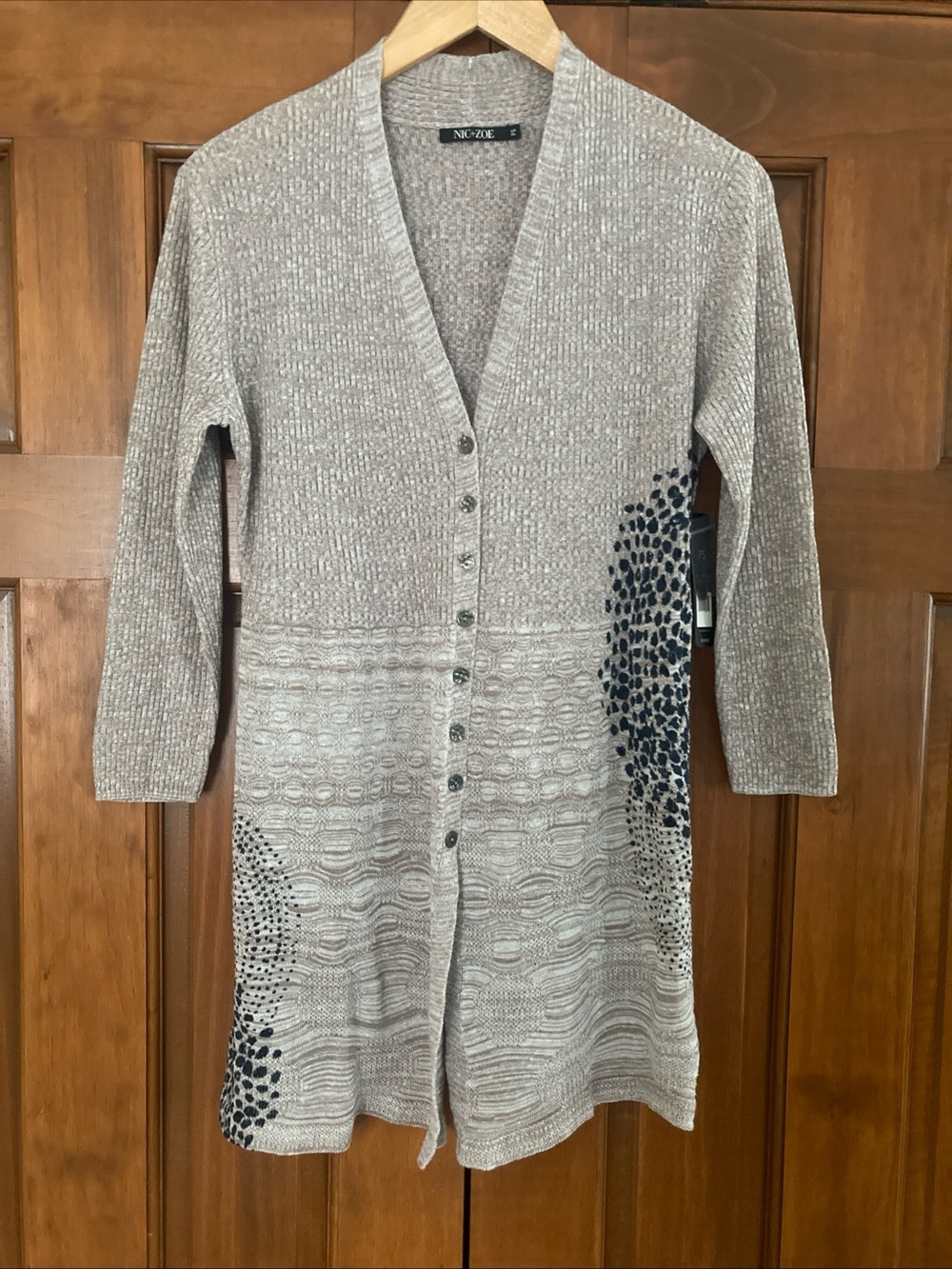 NIC+ZOE Taupe Long Button-Front Cardigan linen blend women’s small petite NWT